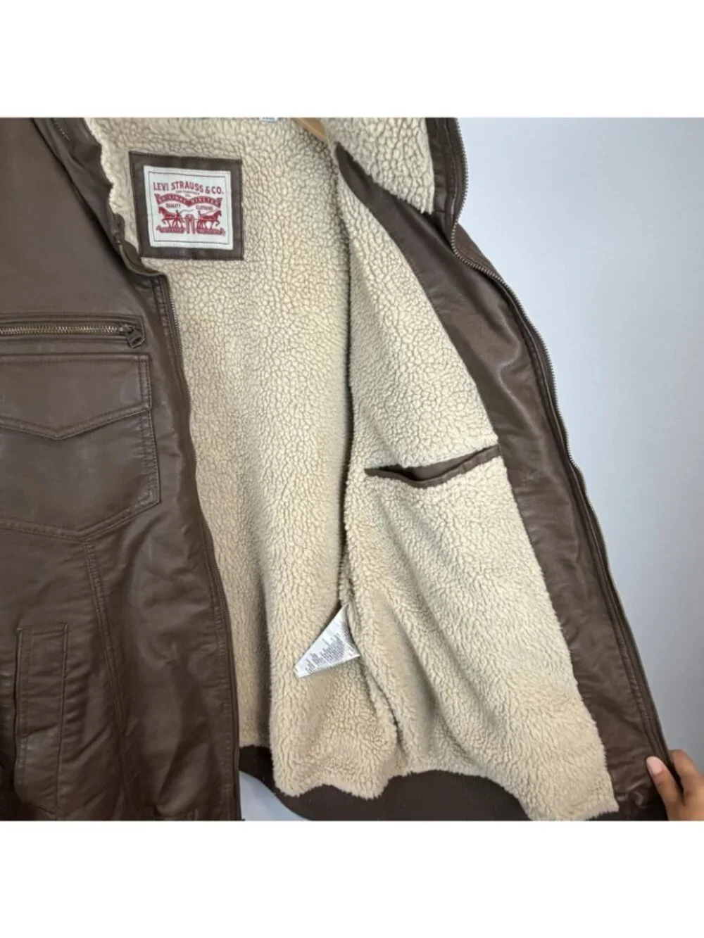 Levi’s Mens 2XL Brown Faux Leather Sherpa Lined Military Field Jacket